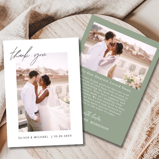 Sage Green Script Foto bruiloft Dank u kaart