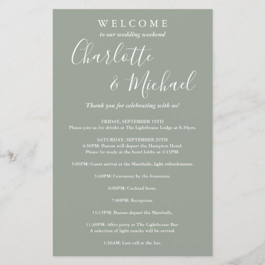 Sage Green Script Guest Wedding Weekend Program (Voorkant)