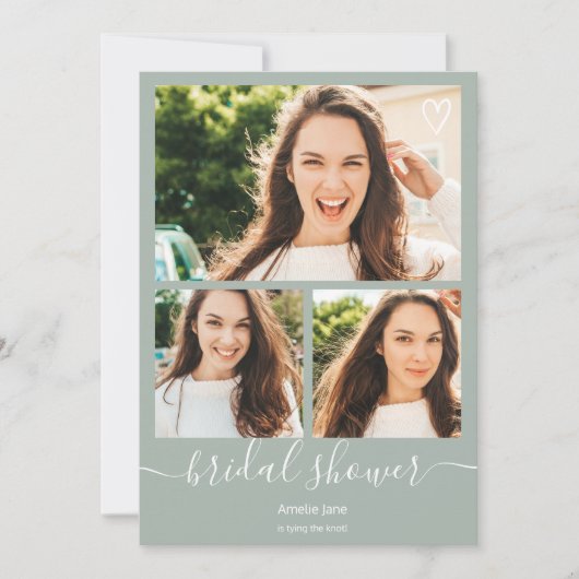 Sage green script hartstuk 4 foto's vrijgezellenfe kaart (Voorkant)