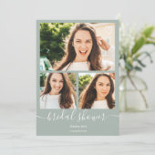 Sage green script hartstuk 4 foto's vrijgezellenfe kaart (Staand voorkant)