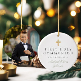 Sage Green Script Jongen Eerste Communie Foto Keramisch Ornament
