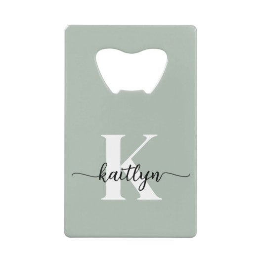Sage Green Script Monogram Creditkaart Flessenopener (Voorkant)