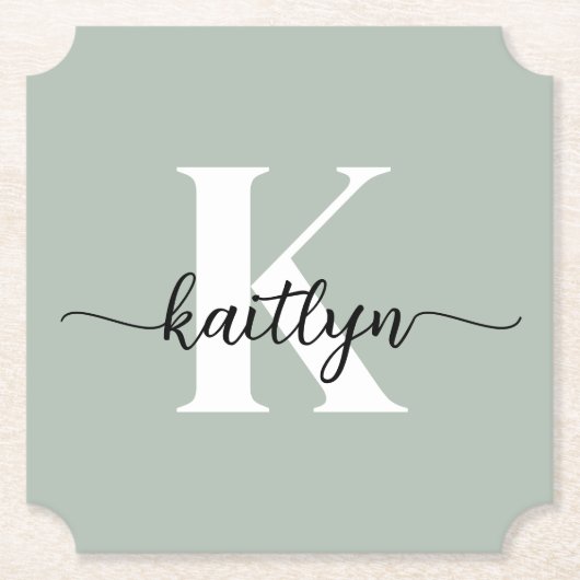 Sage Green Script Monogram Kartonnen Onderzetters (Voorkant)