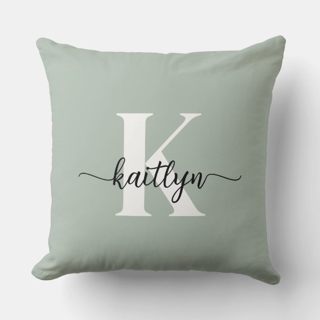 Sage Green Script Monogram Kussen (Voorkant)