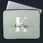 Sage Green Script Monogram Laptop Sleeve<br><div class="desc">Deze eenvoudige,  elegante 15-inch salie groene laptophoes met uw voornaam in een trendy scriptlettertype in zwart en uw eerste initiaal in een modern petten lettertype in wit is ideaal voor u. Het is stijlvol en trendy en toch zeer klassiek. Het is uniek - net als jij!</div>