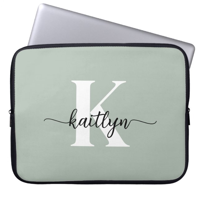 Sage Green Script Monogram Laptop Sleeve (Voorkant)