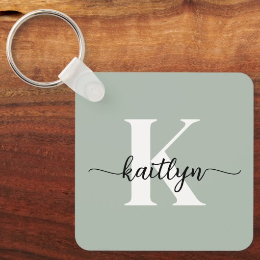 Sage Green Script Monogram Sleutelhanger (Voorkant)