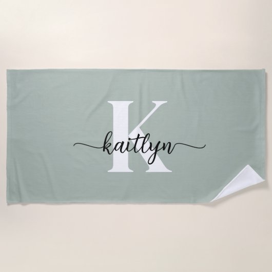 Sage Green Script Monogram Strandlaken (Voorkant)