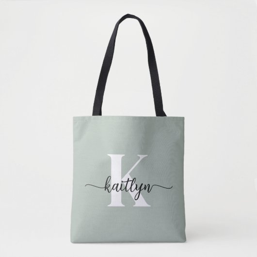 Sage Green Script Monogram Tote Bag (Voorkant)