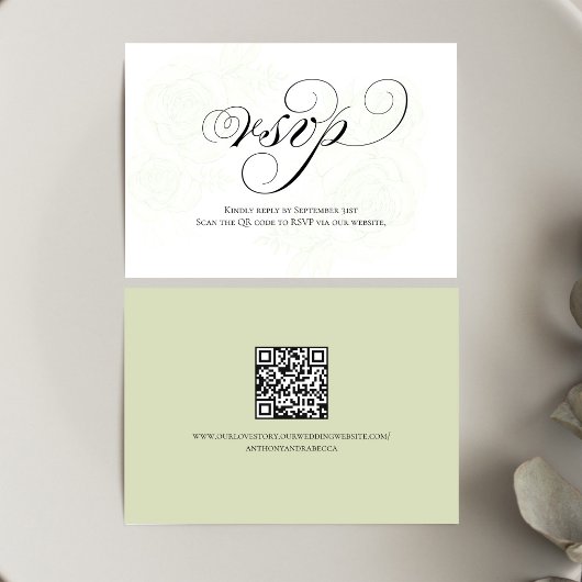 Sage Green Script QR Code Wedding RSVP Card Kaartje
