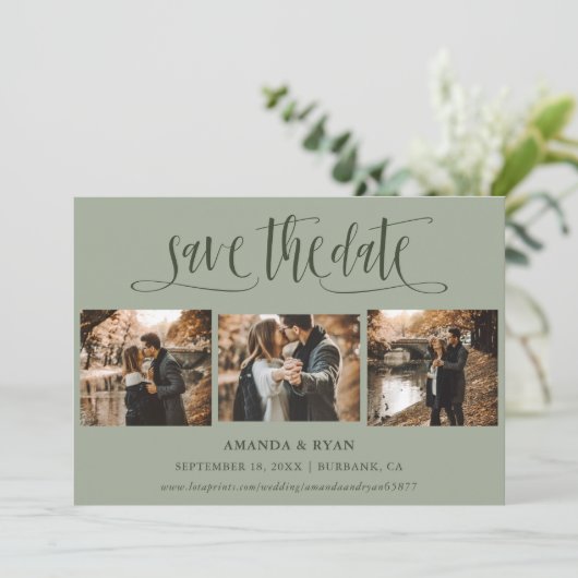 Sage Green Script Trouwfoto Sla de datum op Save The Date (Staand voorkant)