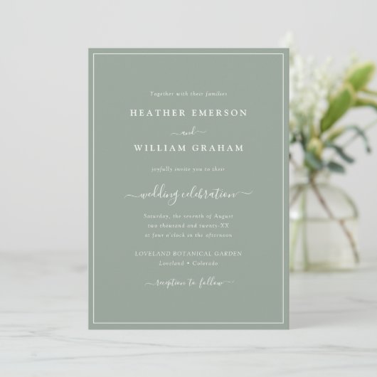 Sage Green Script Wedding Invitation Kaart (Staand voorkant)