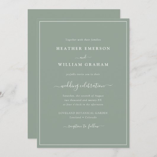 Sage Green Script Wedding Invitation Kaart (Voorkant / Achterkant)