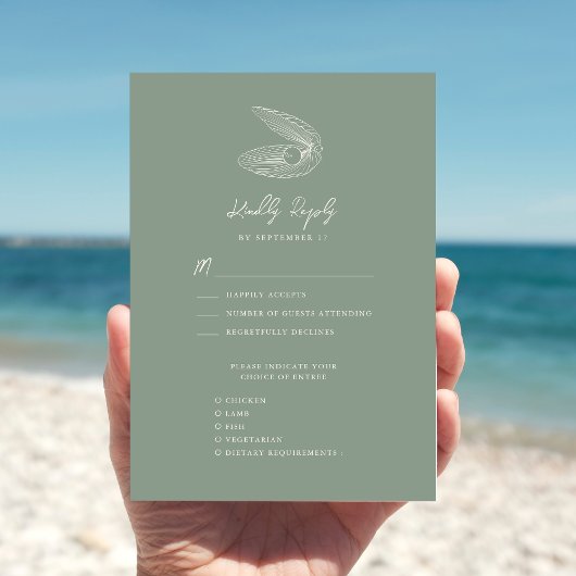Sage Green Seashell Beach Bestemming Bruiloft RSVP Kaartje