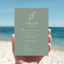 Sage Green Seashell Beach Bestemming Bruiloft RSVP Kaartje