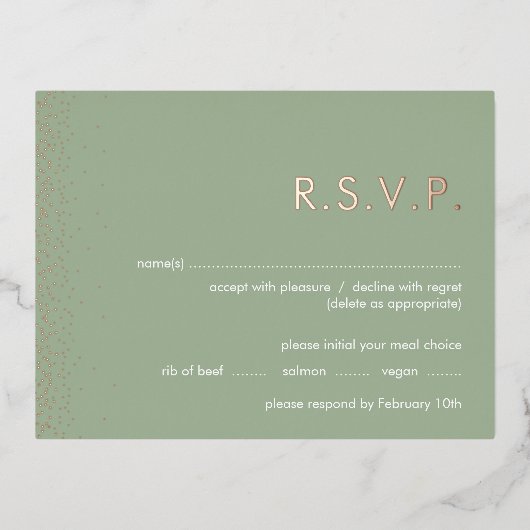 Sage Green Shimmer folie bruiloft RSVP briefkaart (Voorkant)