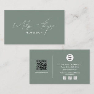 Sage Green Signature Script Professionele QR-code Visitekaartje