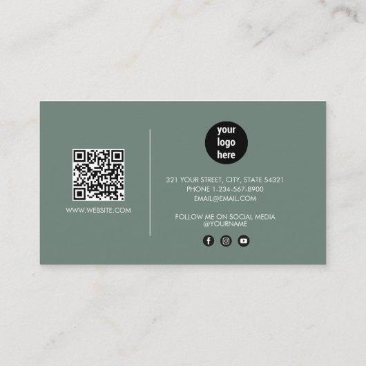Sage Green Signature Script QR Code Social Media Visitekaartje (Achterkant)