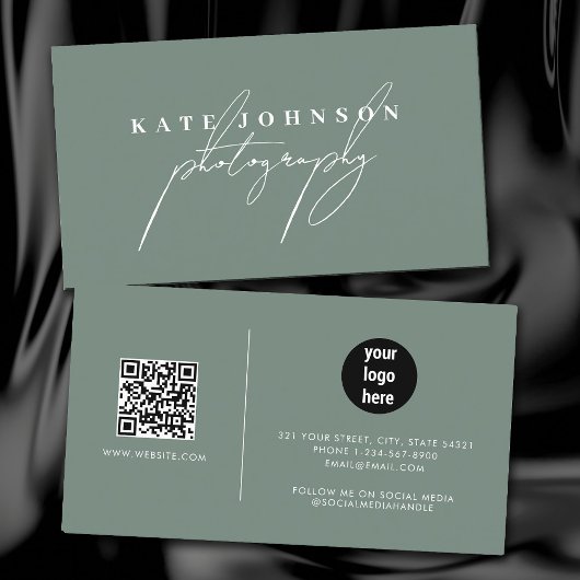 Sage Green Signature Script QR Code Social Media Visitekaartje