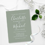 Sage Green Signature Script Weddenschap Uitnodiging Briefkaart<br><div class="desc">Met de namen van de handtekeningsstijl,  kan dit elegante grove briefkaart van de trouwuitnodiging worden gepersonaliseerd met uw informatie in het schrijven van de ic. Ontworpen door: Thisnotme©</div>