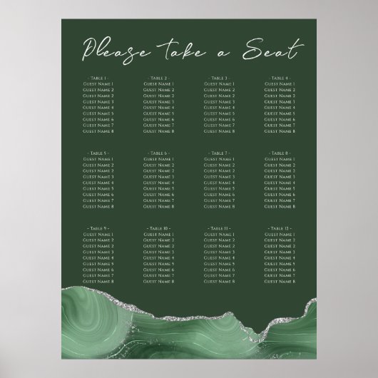 Sage Green Silver Agate Wedding Seding Chart Poster (Voorkant)