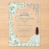 Sage Green Silver Floral Quinceanera Acryl Uitnodigingen (Voorkant)