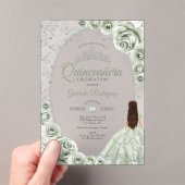 Sage Green Silver Floral Quinceanera Acryl Uitnodigingen (Insitu (Draagbaar))