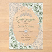 Sage Green Silver Floral Quinceanera Acryl Uitnodigingen (Voorkant)