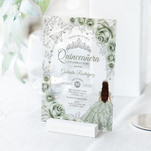 Sage Green Silver Floral Quinceanera Acryl Uitnodigingen