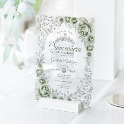 Sage Green Silver Floral Quinceanera Acryl Uitnodigingen