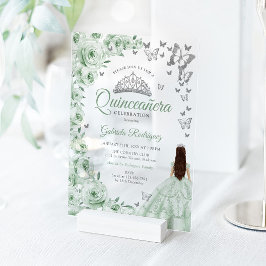 Sage Green Silver Floral Quinceanera Acryl Uitnodigingen