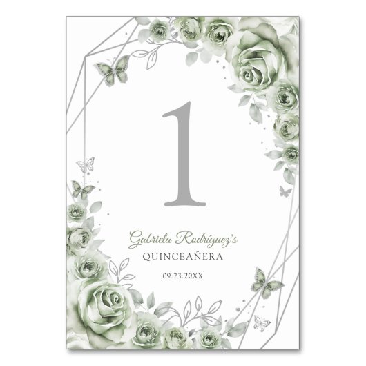 Sage Green Silver Floral Quinceanera Kaart (Voorkant)