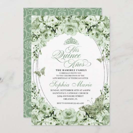 Sage Green Silver Floral Tiara Quinceanera Kaart (Voorkant / Achterkant)