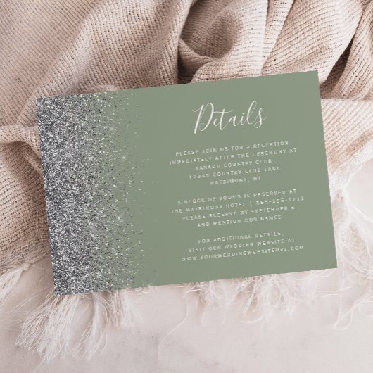 Sage Green Silver Glitter Edge Wedding Details Informatiekaartje