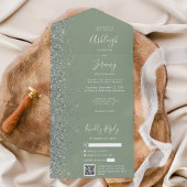 Sage Green Silver Glitter QR Code Wedding All In One Uitnodiging