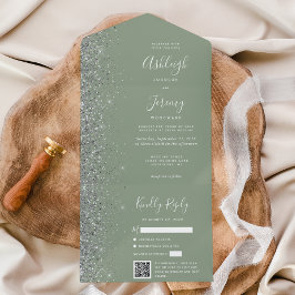 Sage Green Silver Glitter QR Code Wedding All In One Uitnodiging