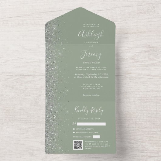 Sage Green Silver Glitter QR Code Wedding All In One Uitnodiging (Binnen)