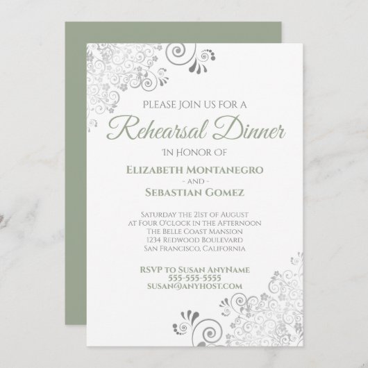 Sage Green & Silver Lace Wedding Rehearsal Dinner Kaart (Voorkant / Achterkant)