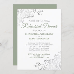 Sage Green & Silver Lace Wedding Rehearsal Dinner Kaart