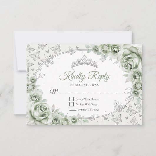 Sage Green Silver Quinceanera Reply RSVP Kaartje (Voorkant)