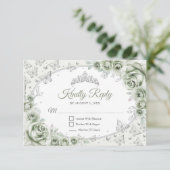 Sage Green Silver Quinceanera Reply RSVP Kaartje (Staand voorkant)