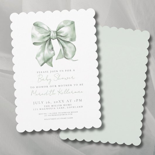 Sage Green Simple Bow Baby shower Kaart