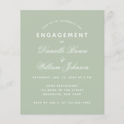 Sage Green Simple Budget Verloving Uitnodiging (Voorkant)