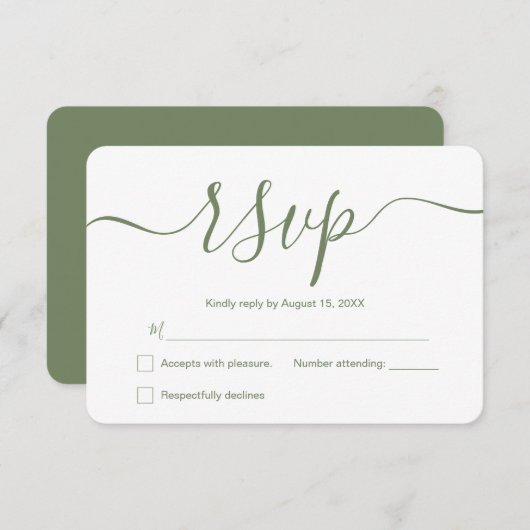 Sage green Simple Elegant Modern Weddenschap Custo RSVP Kaartje (Voorkant / Achterkant)