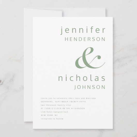 Sage Green Simple Minimalist Typography Wedding Kaart (Voorkant)