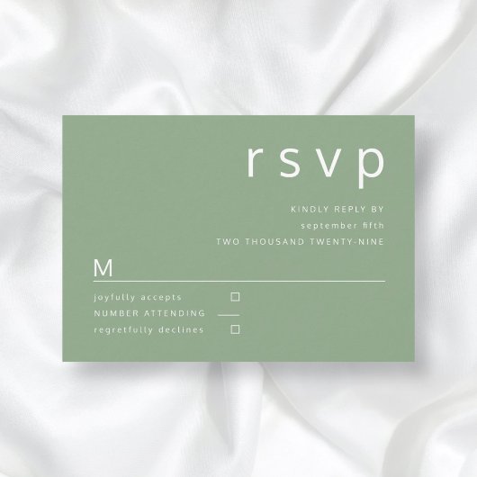 Sage Green Simple Minimalist Typography Wedding RSVP Kaartje