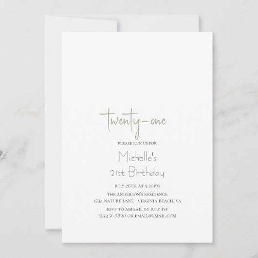 Sage Green Simple Modern 21st Birthday Kaart (Voorkant)