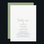 Sage Green Simple Modern 21st Birthday Kaart<br><div class="desc">Deze moderne manuscript 21st de uitnodiging van de verjaardagspartij kenmerkt de accenten van pastelgroen.</div>