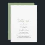 Sage Green Simple Modern 21st Birthday Kaart<br><div class="desc">Deze moderne manuscript 21st de uitnodiging van de verjaardagspartij kenmerkt de accenten van pastelgroen.</div>