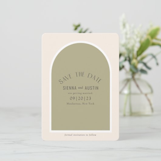 Sage Green Simple Modern Arch Wedding Save The Date (Staand voorkant)